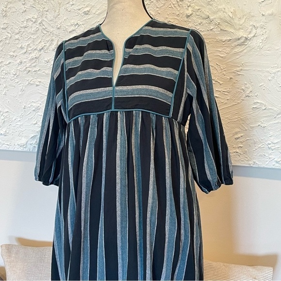 Saint Geraldine Polly Jean Midi Dress Stripes Pockets Flounce Hem Aqua Blue Sz S - Picture 6 of 9